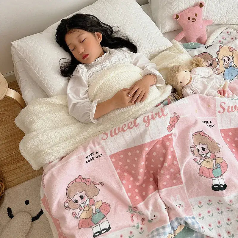 Cartoon lamb wool panda blanket cream & green bedroom throw