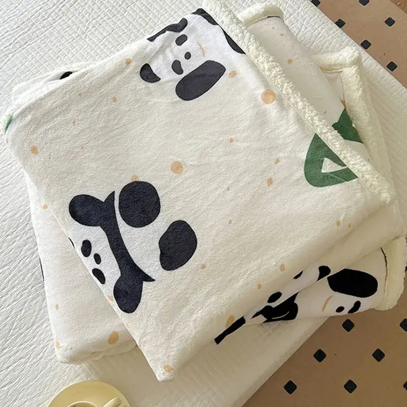 Cartoon lamb wool panda blanket cream & green bedroom throw