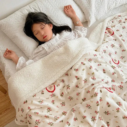 Cartoon lamb wool panda blanket cream & green bedroom throw