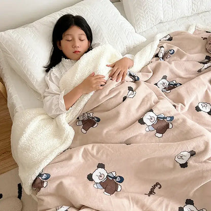 Cartoon lamb wool panda blanket cream & green bedroom throw