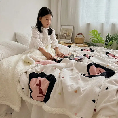Cartoon lamb wool panda blanket cream & green bedroom throw
