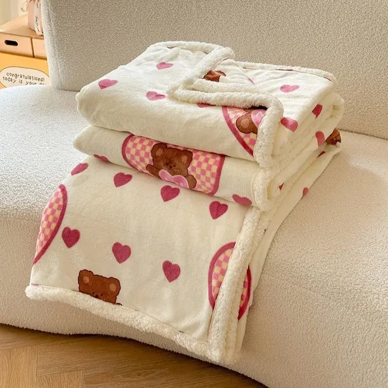 Cartoon lamb wool panda blanket cream & green bedroom throw