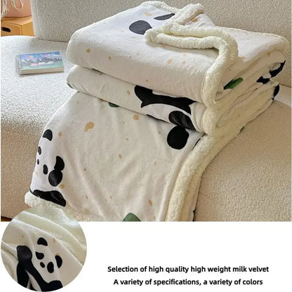 Cartoon lamb wool panda blanket cream & green bedroom throw