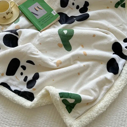 Cartoon lamb wool panda blanket cream & green bedroom throw