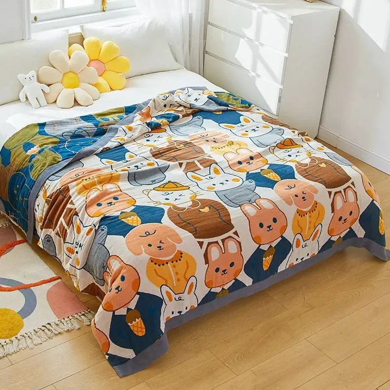 Cartoon lion cotton throw blanket yellow & gray bedroom decor