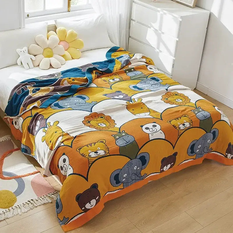 Cartoon lion cotton throw blanket yellow & gray bedroom decor