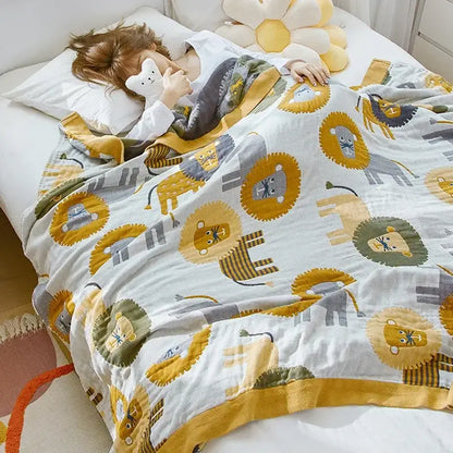 Cartoon lion cotton throw blanket yellow & gray bedroom decor