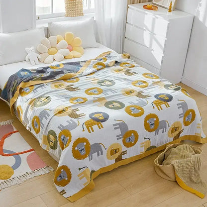 Cartoon lion cotton throw blanket yellow & gray bedroom decor