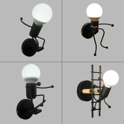 Cartoon matchstick man wall lamp black metal sconce for kids room