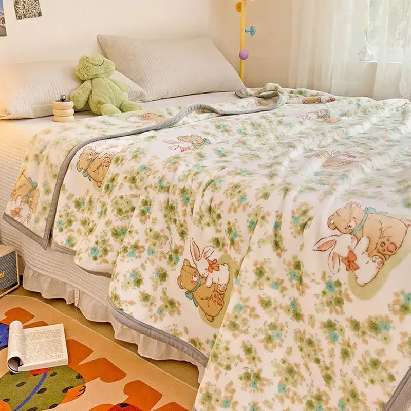 Cartoon milk velvet teddy bear blanket white floral bedroom throw