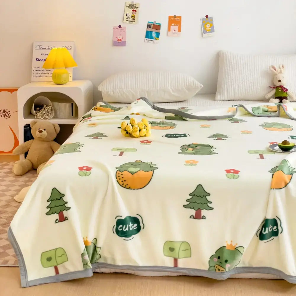 Cartoon milk velvet teddy bear blanket white floral bedroom throw