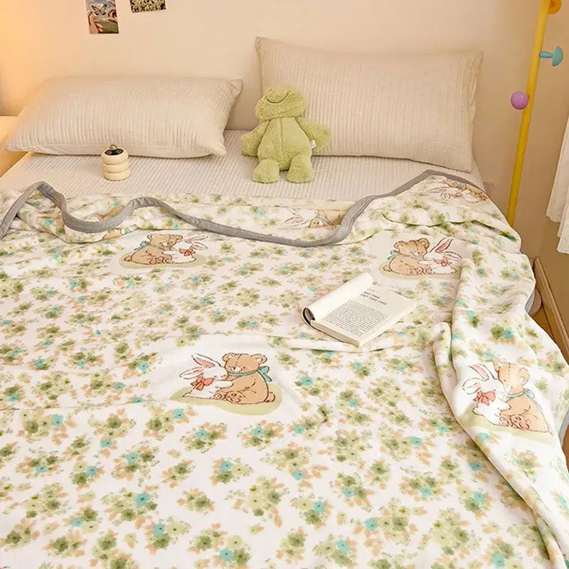 Cartoon milk velvet teddy bear blanket white floral bedroom throw