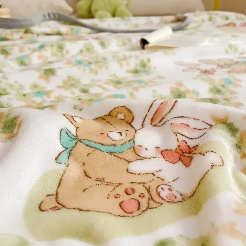 Cartoon milk velvet teddy bear blanket white floral bedroom throw