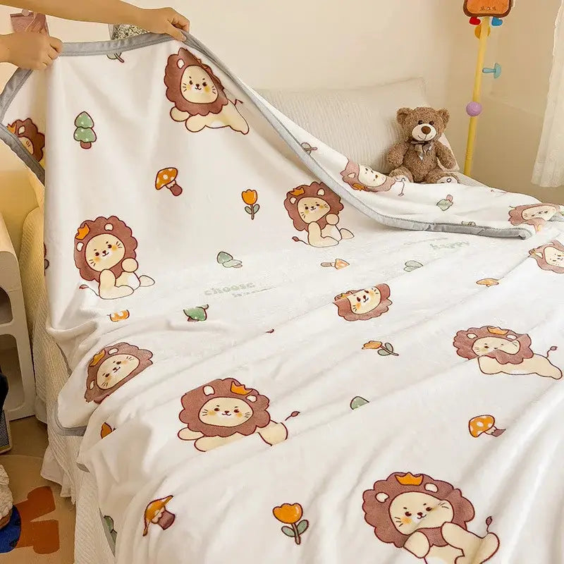 Cartoon milk velvet teddy bear blanket white floral bedroom throw