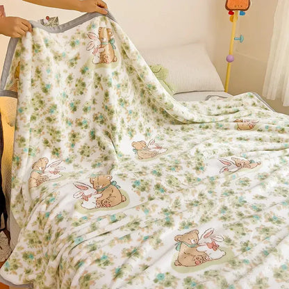 Cartoon milk velvet teddy bear blanket white floral bedroom throw