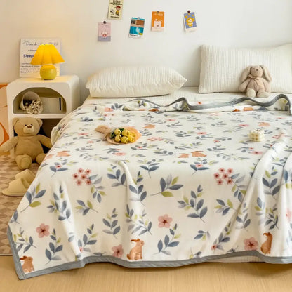 Cartoon milk velvet teddy bear blanket white floral bedroom throw
