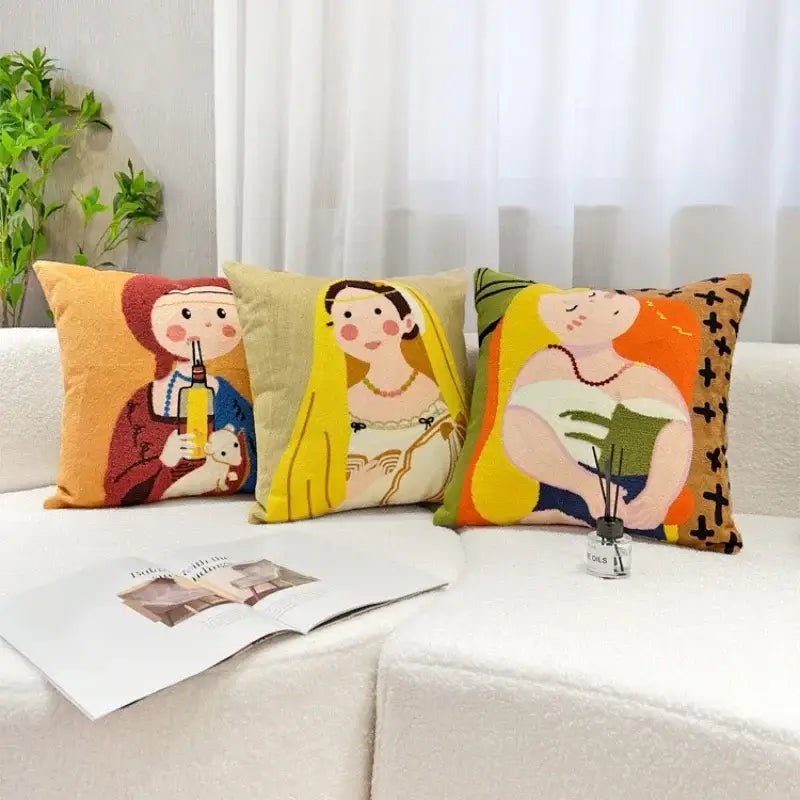 Cartoon oil painting embroidery throw pillow living room decor