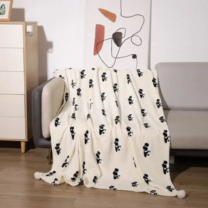 Cartoon panda flannel white fleece blanket with pom poms bedroom