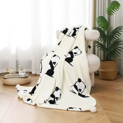 Cartoon panda flannel white fleece blanket with pom poms bedroom