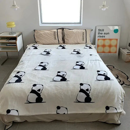 Cartoon panda flannel white fleece blanket with pom poms bedroom