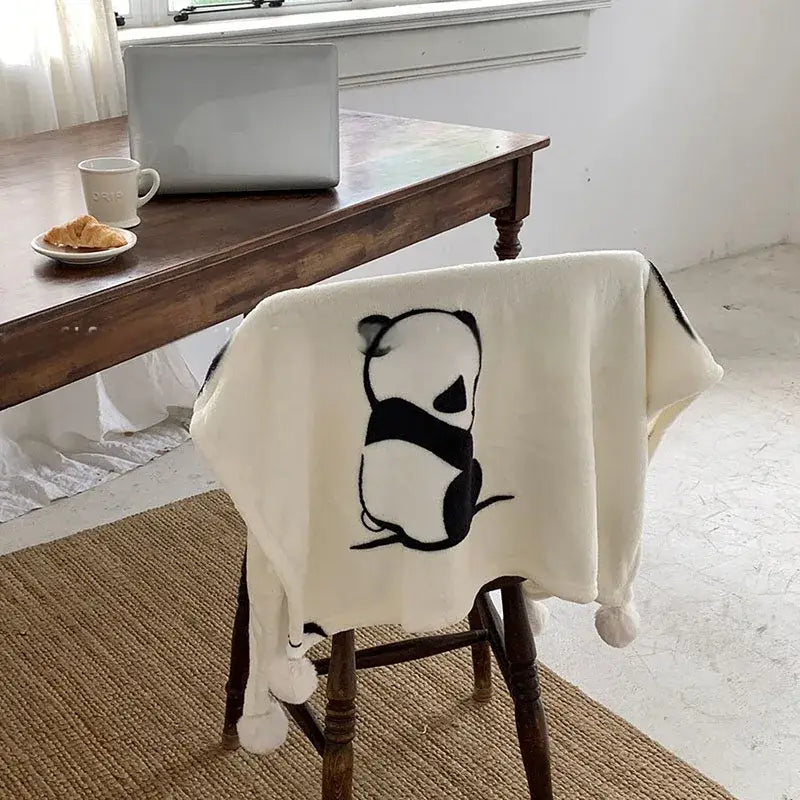 Cartoon panda flannel white fleece blanket with pom poms bedroom