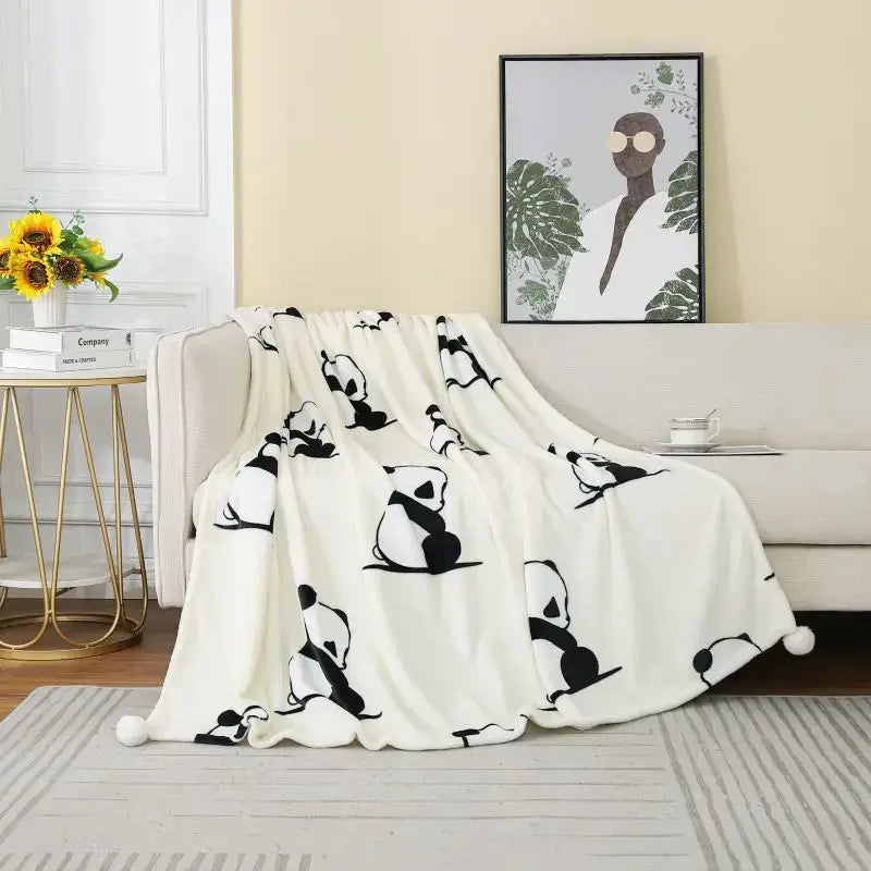 Cartoon panda flannel white fleece blanket with pom poms bedroom