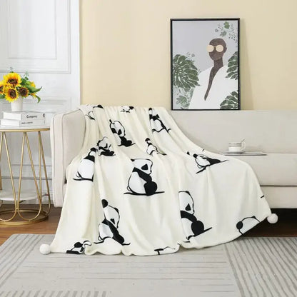 Cartoon panda flannel white fleece blanket with pom poms bedroom