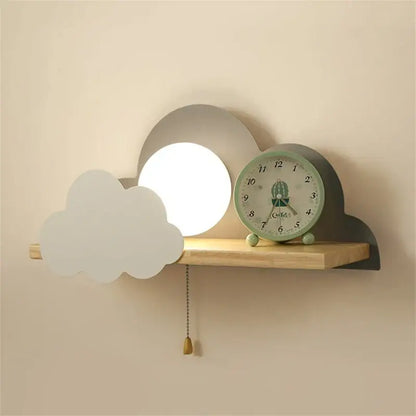 Cartoon peach & white cloud moon wall lamp bedroom shelf with pull switch