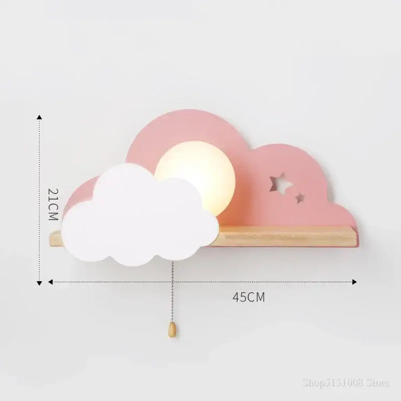 Cartoon peach & white cloud moon wall lamp bedroom shelf with pull switch