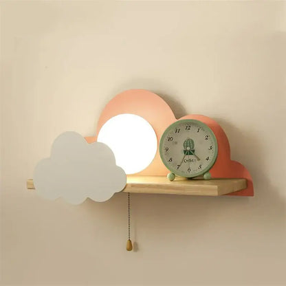 Cartoon peach & white cloud moon wall lamp bedroom shelf with pull switch