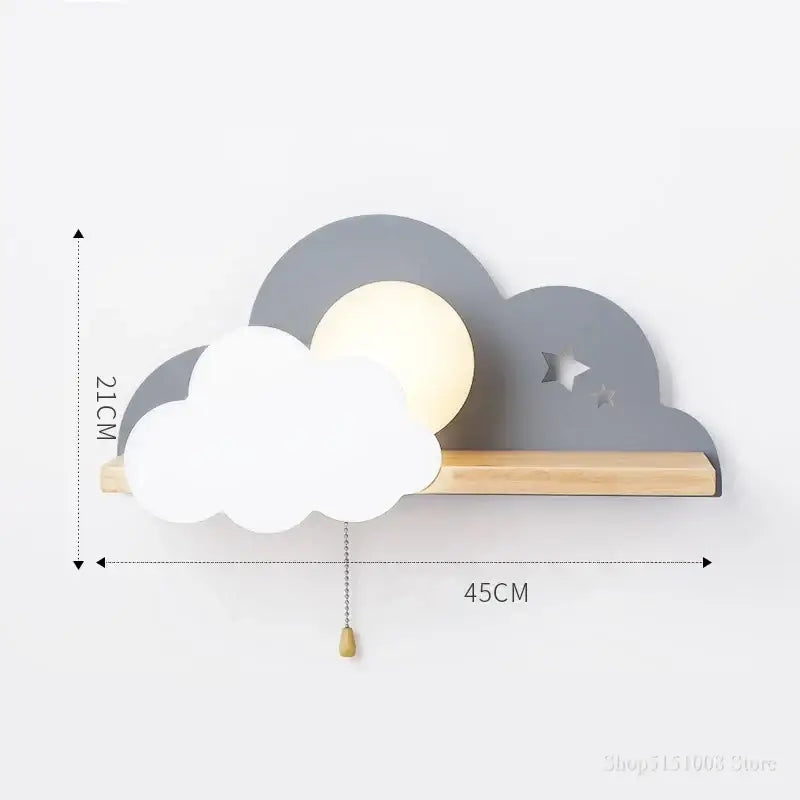 Cartoon peach & white cloud moon wall lamp bedroom shelf with pull switch