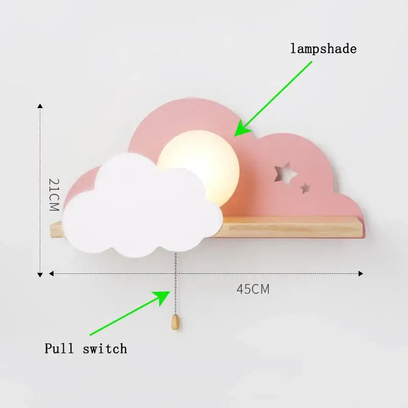 Cartoon peach & white cloud moon wall lamp bedroom shelf with pull switch