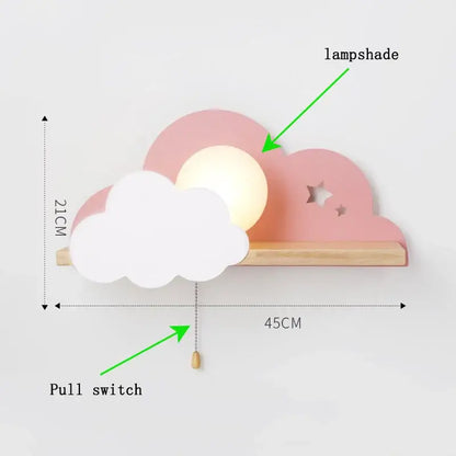 Cartoon peach & white cloud moon wall lamp bedroom shelf with pull switch