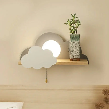 Cartoon peach & white cloud moon wall lamp bedroom shelf with pull switch