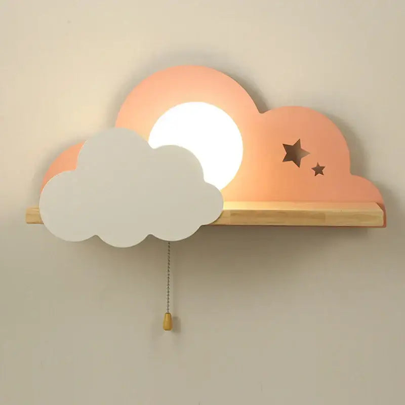 Cartoon peach & white cloud moon wall lamp bedroom shelf with pull switch