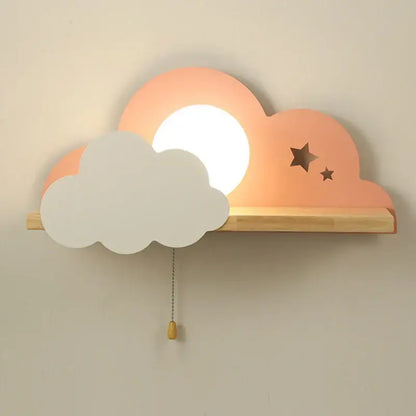 Cartoon peach & white cloud moon wall lamp bedroom shelf with pull switch