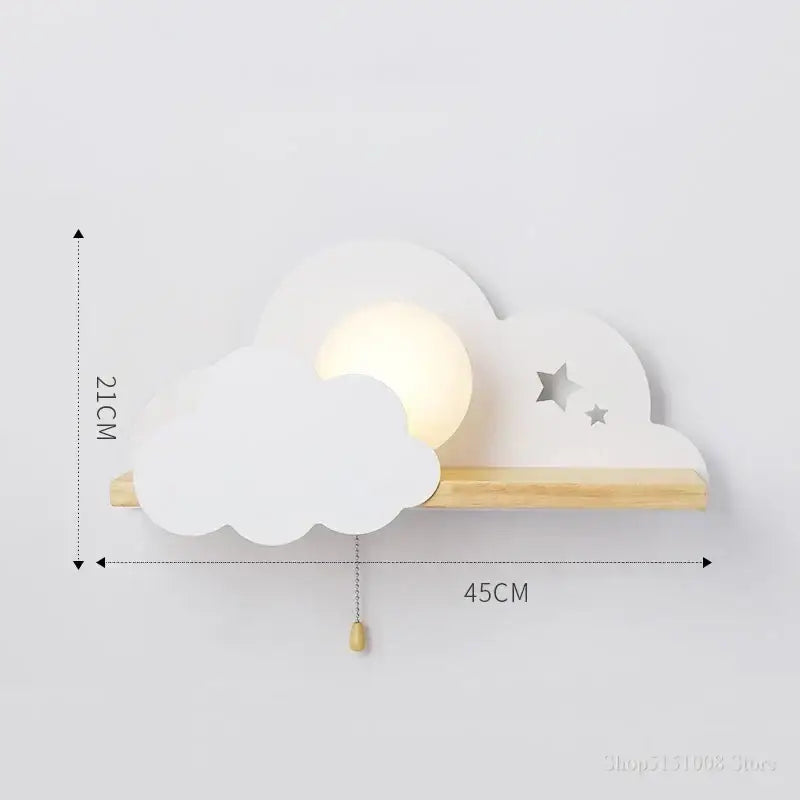 Cartoon peach & white cloud moon wall lamp bedroom shelf with pull switch