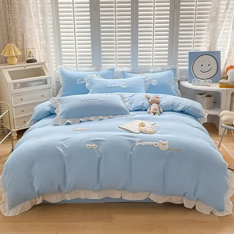 Cartoon princess embroidered light blue & white bedding set bedroom