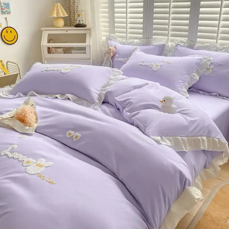 Cartoon princess embroidered light blue & white bedding set bedroom
