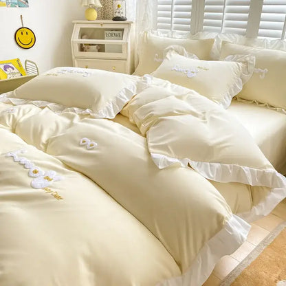 Cartoon princess embroidered light blue & white bedding set bedroom