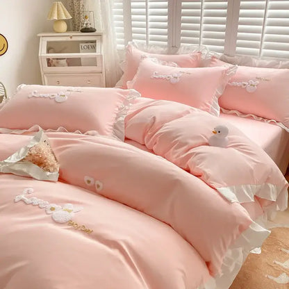 Cartoon princess embroidered light blue & white bedding set bedroom