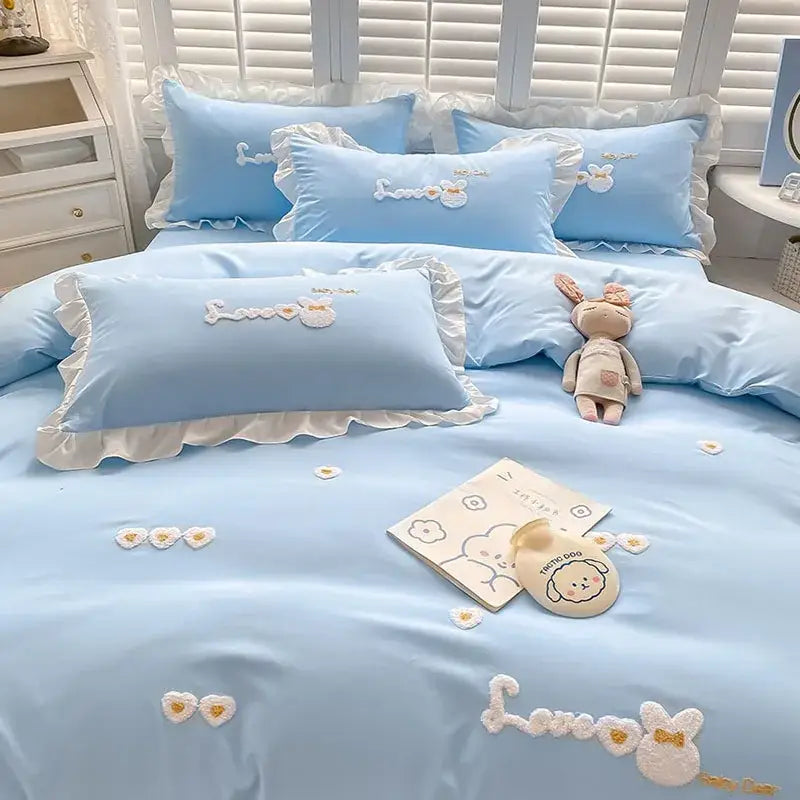 Cartoon princess embroidered light blue & white bedding set bedroom