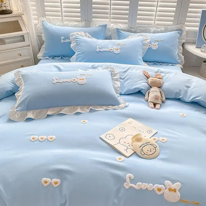 Cartoon princess embroidered light blue & white bedding set bedroom