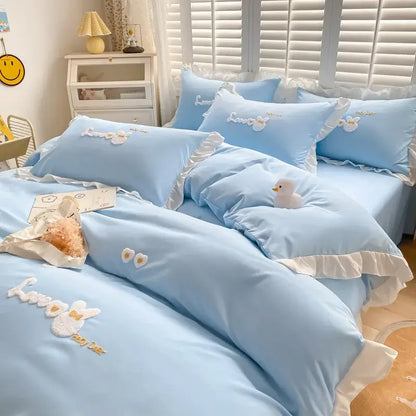 Cartoon princess embroidered light blue & white bedding set bedroom