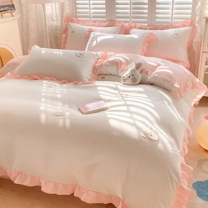 Cartoon princess embroidered light blue & white bedding set bedroom