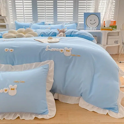 Cartoon princess embroidered light blue & white bedding set bedroom