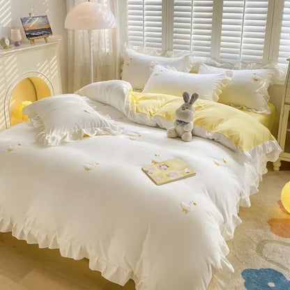 Cartoon princess embroidered light blue & white bedding set bedroom
