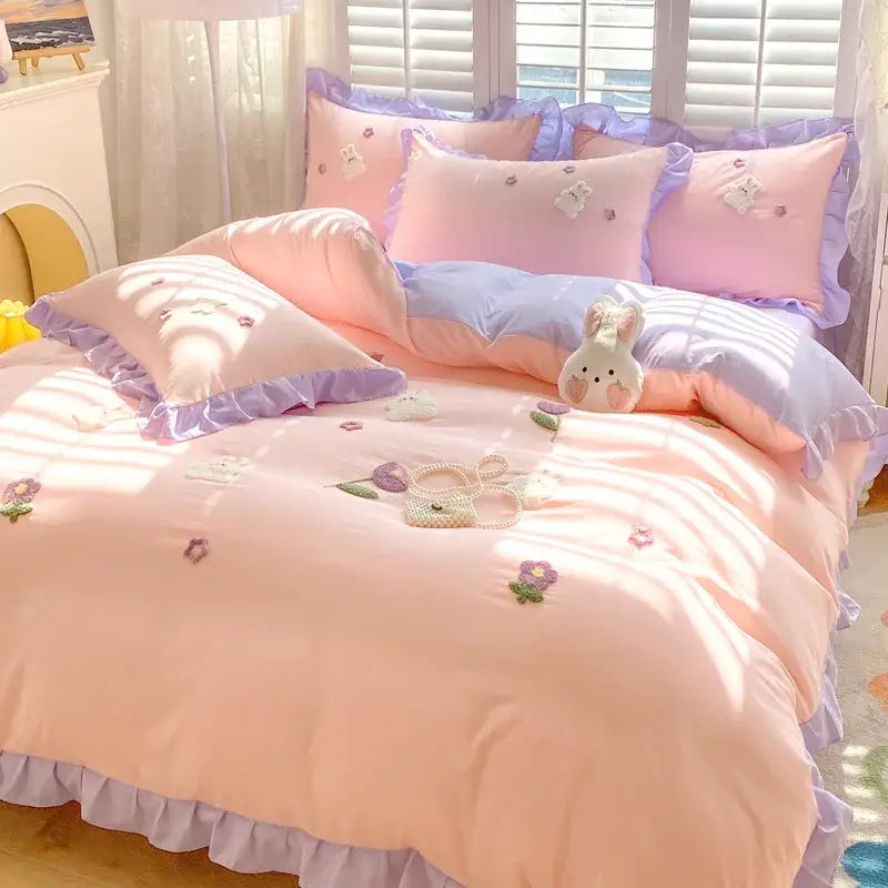 Cartoon princess embroidered light blue & white bedding set bedroom