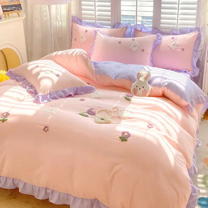 Cartoon princess embroidered light blue & white bedding set bedroom