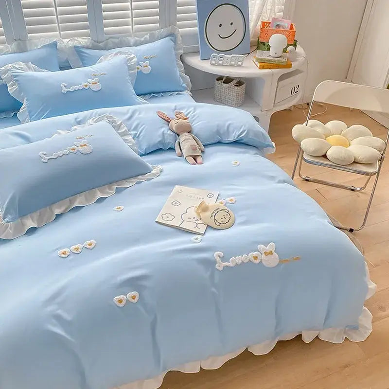 Cartoon princess embroidered light blue & white bedding set bedroom